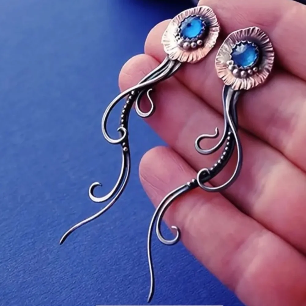 NWT! Long Gorgeous Silver Tone Pierced Dangle Earrings with Round Blue Cabochon!